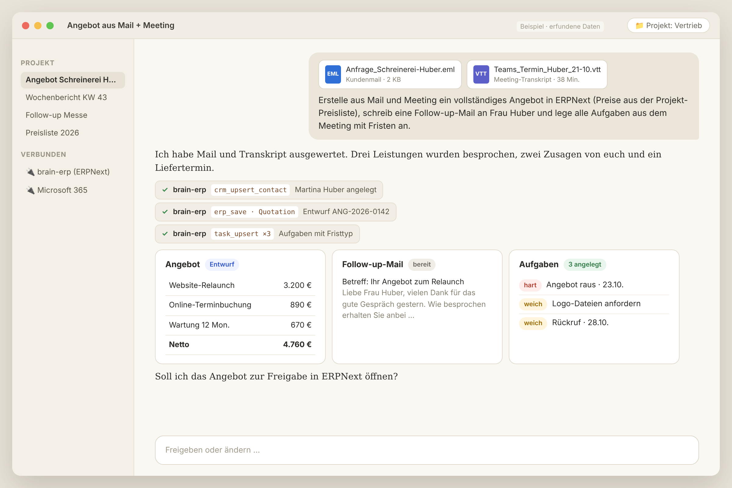 Chat: Kundenmail und Teams-Transkript werden zu Angebot, Follow-up-Mail und drei Aufgaben